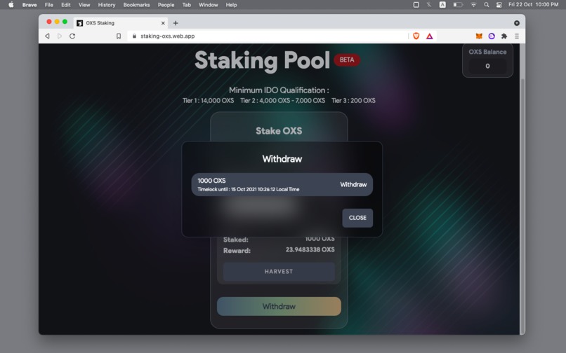 OXS Timelock Staking App – screenshot 2